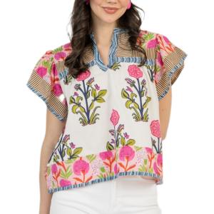 Women Y2K Ruffle Cap Sleeve Top Boho Floral V Neck Shirt Peplum Babydoll Patchwork Blouse Shirt Going Out (Large)