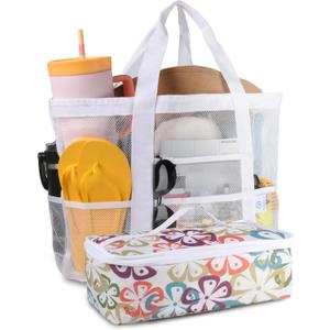 Genteen Beach Bag for Women, Mesh Tote Bags with Zipper, Sandproof Vacation Essentials with Cooler for Swim Cruise Pool