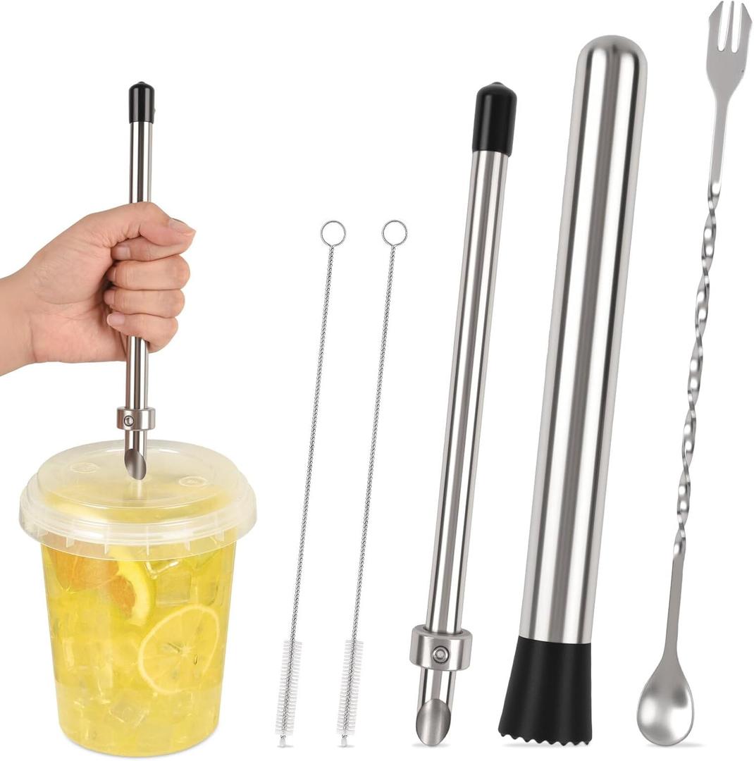 5 Pack Straw Puncher, lemonade stand supplies kit with straw puncher for plastic lids, muddler for lemonade and cocktails, reusable lemonade cups