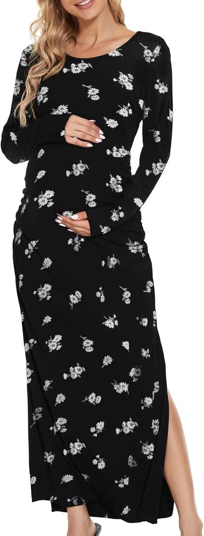 Smallshow Women's Split Maternity Dress Long Sleeve Ruched Pregnancy Clothes (Medium)