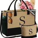 YOOLIFE Personalized Gifts for Women - Initial Jute Tote Bag & Makeup Bag, Birthday Gifts for Women Mom Wife Teacher Friend