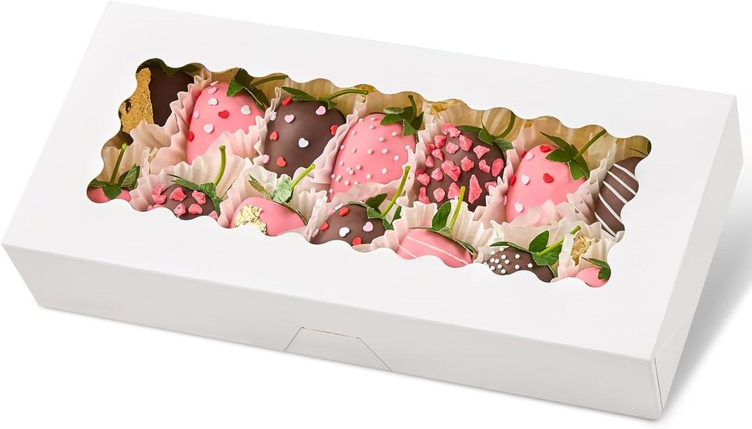 Kucoele 20 PCS Cookie Boxes with Window, 12.5 x 5.5 x 2.5 Inches Bakery Boxes Auto-Popup Treat Boxes for Chocolate Covered Strawberries, Hot Cocoa Bombs, Pastries, Donuts, Muffins Kucoele 20 PCS Cookie Boxes with Window, 12.5 x 5.5 x 2.5 Inches Bakery Boxes Auto-Popup Treat Boxes for Chocolate Covered Strawberries, Hot Cocoa Bombs, Pastries, Donuts, Muffins