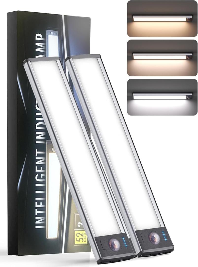 Under Cabinet Lights (2 Pack) - Rechargeable Battery Operated 52 LED 3 Color Motion Sensor Night Light, Dimmable, Ideal for Kitchen, Closet, & Other Indoor Spaces