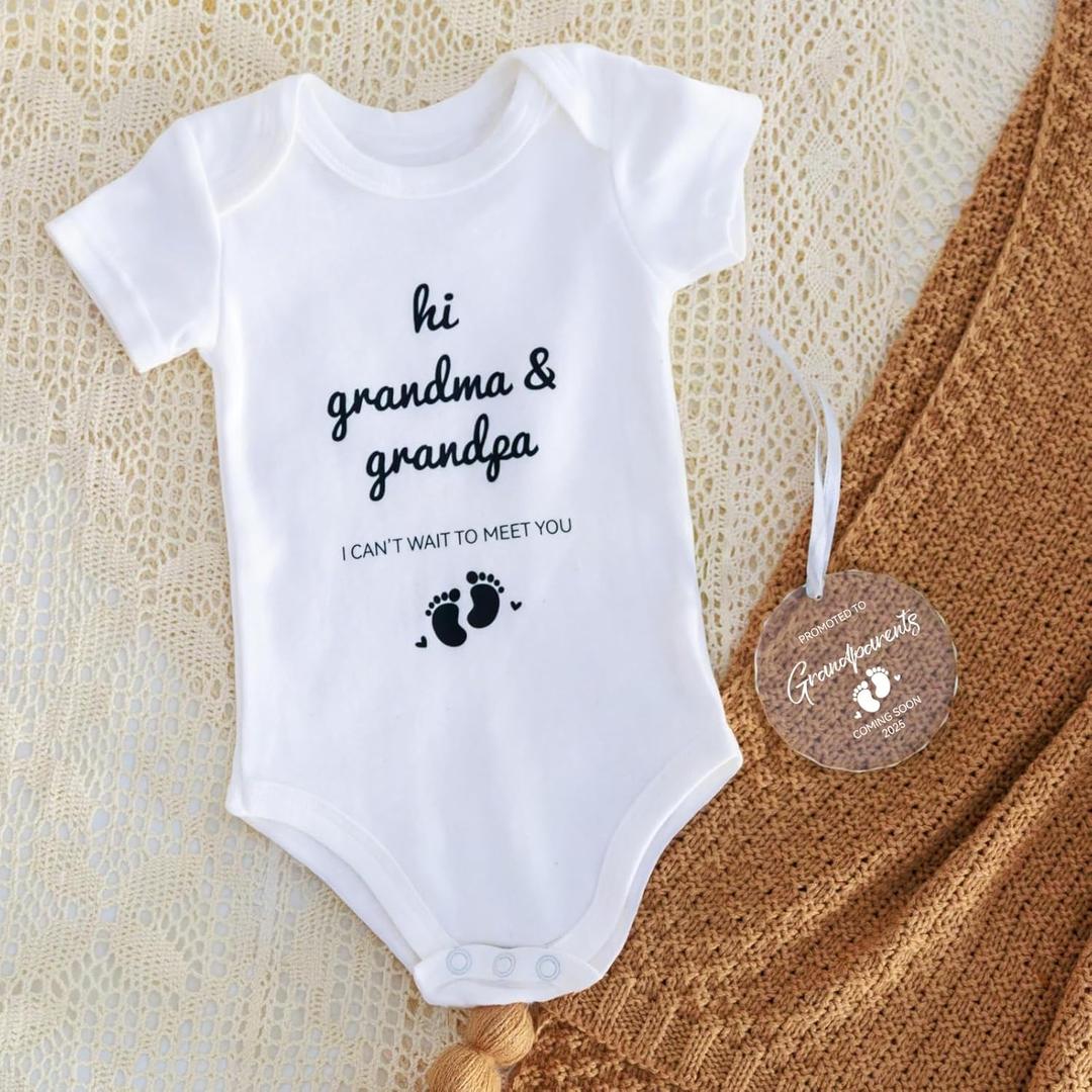 Grandparents Baby Announcement Gifts Pregnancy Surprise Announcement Set Include Letter Board Baby Onesie Photo Frame Glass Ornament for New Grandparents or Pregnancy Reveal Party (2 Set)