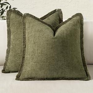 MIULEE Decorative Boho Farmhouse Throw Pillow Covers Pack of 2 Soft Cozy Couch Pillow Covers with Tassels Chenille Accent Pillowcases for Spring Sofa Bed Living Room Home Decor 18x18 Inch Olive Green