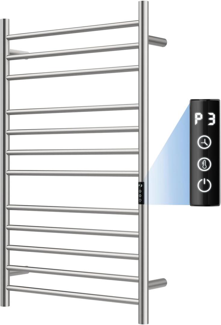 QAOYEDE Towel Warmer Rack for Bathroom with Timer/Fahrenheit Temperature Control, Stainless Steel Heated Towel Racks with Plug-in Wall Mounted 12 Bars Towel Warmer Brushed Nickel