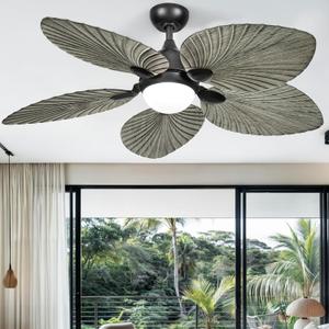 DWVO 52" Tropical Ceiling Fan with Light & Remote, LED Tri-Color Temperature, 5 Blade Ceiling Fans Reversible 6 Speeds w/Quiet DC Motor for Bedroom, Living Room, Dining Room (Grey)