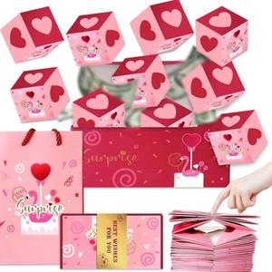 SOFPLATE Valentine Surprise Gift Box Explosion Gift Box DIY with Bag Love Pink Red Heart Romantic Creative Pop out Cards for Anniversary Wedding Thanksgiving Mother's Day Christmas Party Celebration