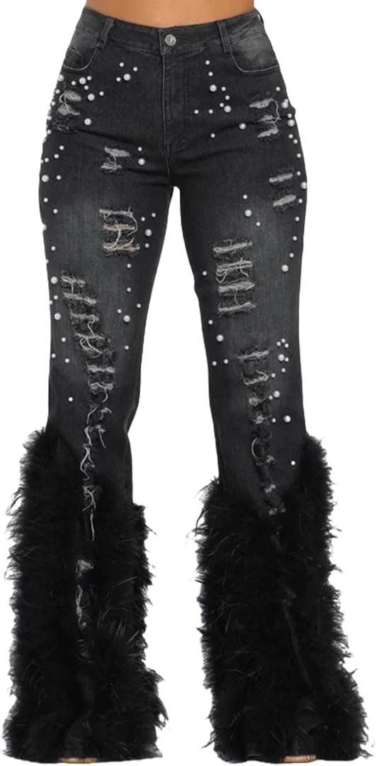 Tbahhir Women's Skinny Ripped Jeans Pearl Distressed Stretchy High Waisted Tassels Slim Fit Denim Pants Y2K Streetwear (Large, Black)