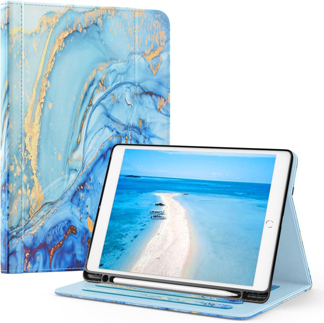 OKP Case for iPad 9th Generation 2021 / 8th Generation 2020/ 7th Gen 2019 10.2 inch Case with Multi-Angle Viewing PU Leather Flio Stand Cover with Pencil Holder & Pocket, Auto Sleep/Wake, Marble Blue