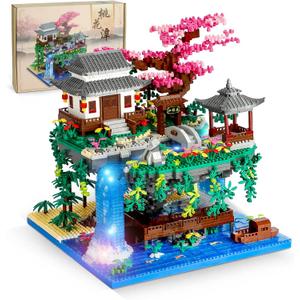Peach Blossom Pond Micro Mini Building Blocks Set for Adults and Kids, Chinese Architecture Cherry Bonsai Gift Toys with String Lights, Japanese Flowers Tree House Micro Bricks (3320PCS)