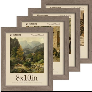 TENIBYC 8x10 Picture Frame Set of 4, Brown Wood Grain, HD Tempered Glass, Natural Walnut Photo Frame, Table or Wall Display