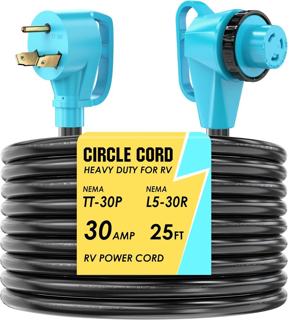 CircleCord 30 Amp 25 Feet RV Power Cord with 90 Right Angle Twist Locking, Heavy Duty 10 Gauge STW Pure Copper Wire with Grip Handle, TT-30P to L5-30R with Cord Organizer for RV Trailer Campers