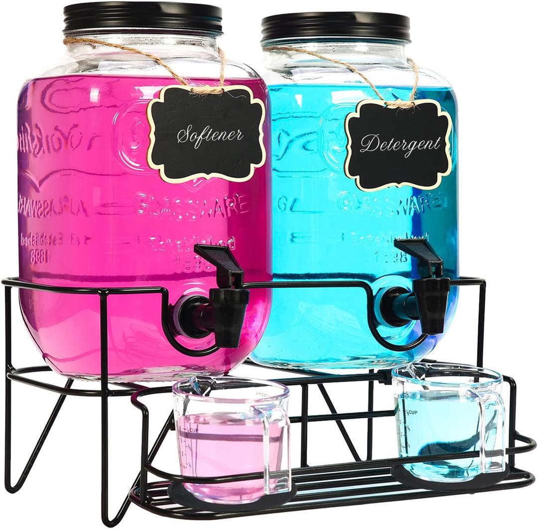 Roetell 2 Sets 1 Gallon Laundry Detergent Dispenser with Stand, Measuring Cup, Glass Laundry Detergent Containr for Laundry Room Organization (Black)