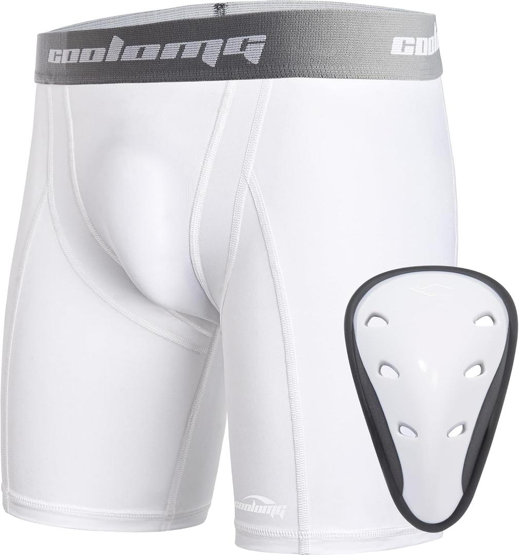COOLOMG Youth Boys Compression Shorts with Protective Cup Sliding Underwear for Baseball Football Lacrosse Hockey (Medium, White)