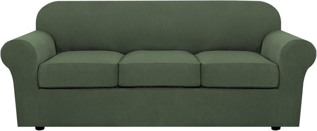 H.VERSAILTEX 4 Piece Stretch Sofa Covers for 3 Cushion Couch Covers for Living Room Furniture Slipcovers (Base Cover Plus 3 Seat Cushion Covers) Upgraded Thicker Jacquard Fabric (Sofa, Bronze Green) (Large)