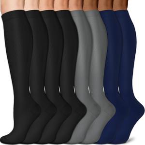 Sooverki Copper Compression Socks for Men & Women 8 Pack 15-20mmHg - Knee High Stockings Best Support for Running Athletic (Large-X-Large, 03 Black/Black/Black/Black/Gray/Gray/Navy/Navy)