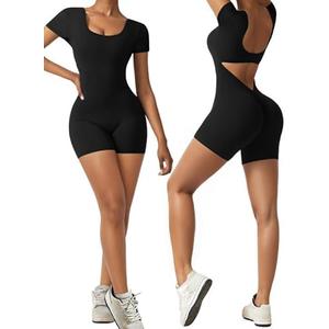 OEAK Short Sleeve Jumpsuit Workout for Women Square Neck One Piece Backless Tummy Control Bodycon Scrunch Butt Yoga Rompers Size L