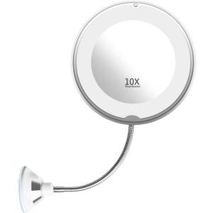 Flexible Gooseneck LED Light Makeup Mirror, 10X Magnifying Makeup Mirror with Locking Suction Cup, Diffused Light and 360 Swivel