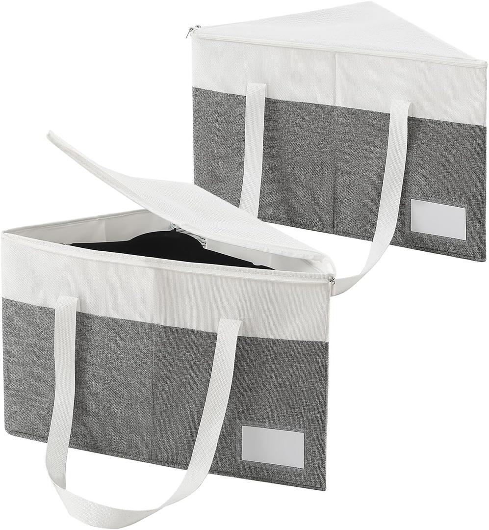 Beveetio 2-Pack Rigid Hanger Organizer Bags with Lid, Triangle Hanger Storage Organizers for Closet, Laundry Room, Wardrobe, Drying Rack, Dustproof Space Saving Holder, Grey & White