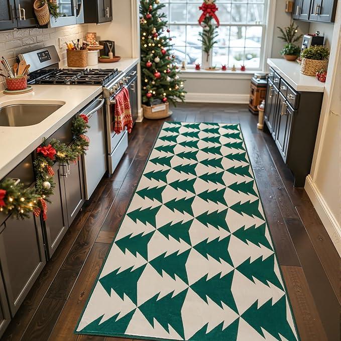 jinchan Christmas Runner Rug 2x5 for Kitchen Holiday Rug for Hallway Bathroom Red Green Christmas Tree Printed Xmas Decor Washable Runner for Entryway Laundry Room Bedroom Non-Slip