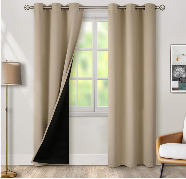BGment Thermal Insulated 100% Blackout Curtains for Bedroom with Black Liner, Double Layer Full Room Darkening Noise Reducing Grommet Curtain (38 x 84 Inch, Sand, 2 Panels)