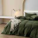 JIYUAN Queen Size Duvet Cover Set, 3-Piece - 100% Washed Cotton, Linen-Like Soft & Breathable with Zipper Closure, Includes 90x90 Inch Cover & 2 Pillowcases, Solid Olive Green