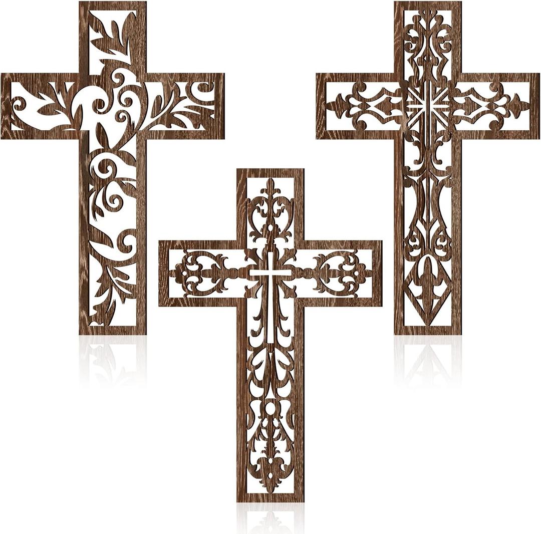 Yookeer 3 Pcs Wooden Wall Hanging Cross Handmade Antique Cross Hanging Decor Religious Brown Wooden Home Decorations Hand Carved Wall Decor for Living Room Nursery Wedding