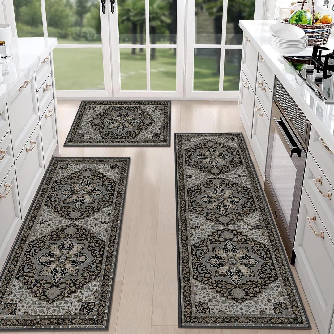 Farmhouse Kitchen Rug Sets of 3 Washable Boho Kitchen Rugs and Runner Carpets Non Slip Kitchen Area Rug for Laundry Room Entryway Hallway (Black/Grey)