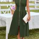 GRACE KARIN Womens Summer Casual Dress, Business Office Work Dresses, Cap Sleeve Zipper Front Flowy Midi Dress with Pockets (Green, XL)