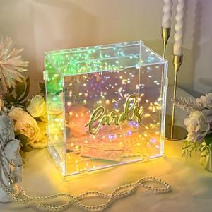 OurWarm Iridescent Acrylic Wedding Card Box with String Light, DIY Gift Card Box for Wedding Reception, Wedding Envelope Money Card Boxes Holder for Party Graduation Baby Shower Birthday Decorations