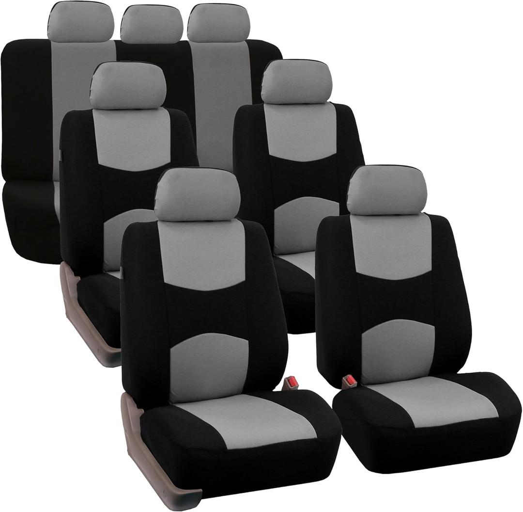 FH Group Flat Cloth Full Set Car Seat Covers Three Row 7 Seater - Universal Fit for Cars, Trucks & SUVs Gray