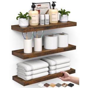 BAYKA Floating Shelves Bathroom for Wall – Shelf Over Toilet Farmhouse Rustic Wood for Bedroom, Kitchen, or Living Room Decor Organization, Christmas Decor Shelves – Rustic Brown, Set of 3