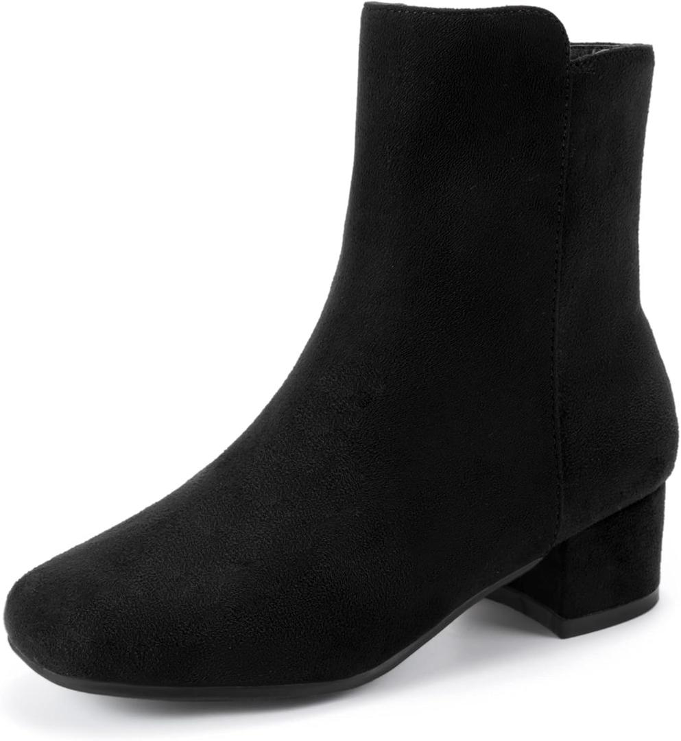PANDANINJIA Girls Boots Fashion Square-Toe Dress Boots Low Heel Alyssa Ankle Booties with Zipper for Toddler Little Kids Big Kids (Black Suede)