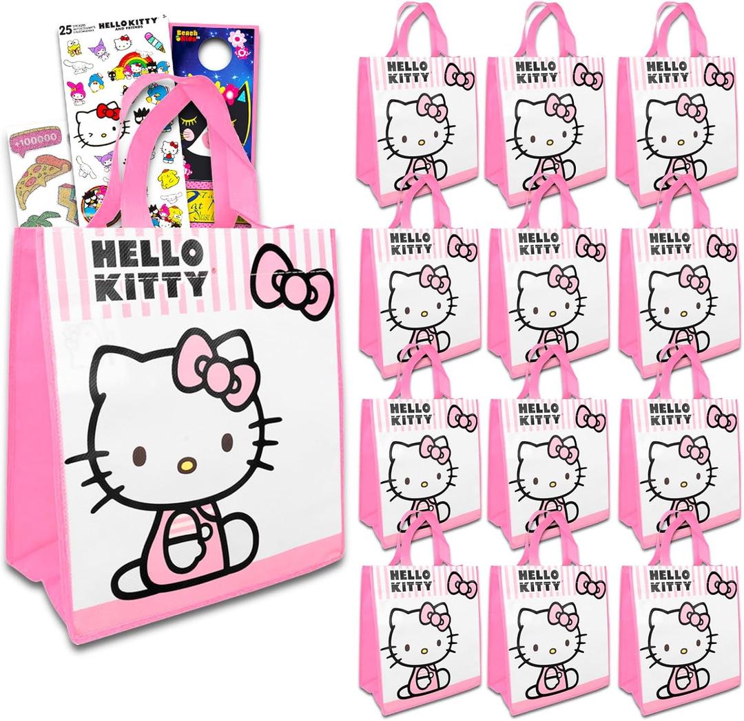 Hello Kitty Party Favor Bag Set - Bundle with 12 Reusable Hello Kitty Totes, Tattoos, Stickers and More | Birthday Party Supplies