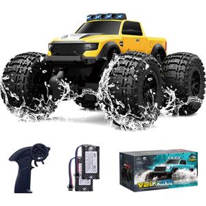 Amphibious Remote Control Car Waterproof Monster Truck Toys for Kid 4WD All Terrain Off Road RC Cars 2.4G RC Trucks 2 Batteries Drift RC Stunt Cars for Boys Age 8-12 Kids Gifts (Yellow)