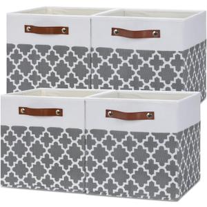 Temary 12x12x12 Fabric Storage Bins 4 Pack with Leather Handle, Foldable Cubes Storage Box Baskets for Closet, Shelf (White&Lattice)