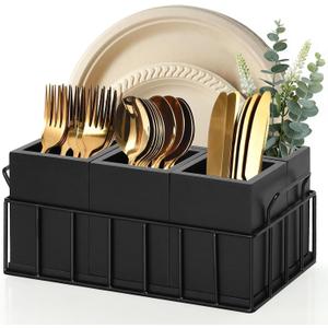 Silverware Holder for Party, Wood Utensil Holder with 4 Removable Compartments for Countertop, Silverware Caddy Flatware Organizer Box for Utensil Spoons Forks Plates Napkin, Detachable Sevring Caddy