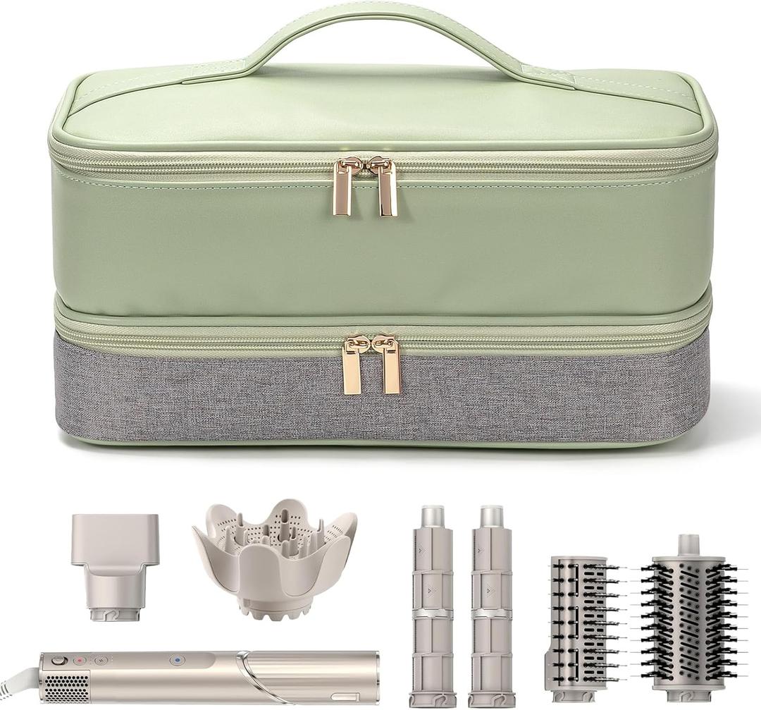 Double-Layer Travel Carrying Case for Shark Flexstyle/FlexFusion Airwrap Brush Hair Dryer , Waterproof PU Leather Hair Tool Organizer for Shark Flexstyle /Dyson Airwrap Styler Travel Accessories, Green