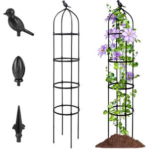 6FT Garden Obelisk Trellis for Climbing Plants,Adjustable 4-Tier Metal Plant Support,Rustproof Outdoor Plant Tower with 3 Decorative Tops for Roses,Tomatoes,Clematis & Vines,Black