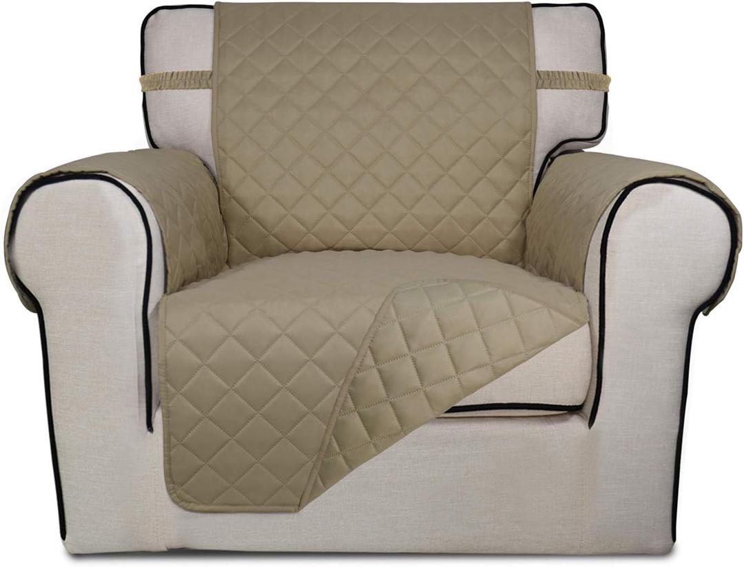 PureFit Reversible Quilted Sofa Cover, Water Resistant Slipcover Furniture Protector, Washable Couch Cover with Non Slip and Elastic Straps for Kids, Dogs, Pets (Chair, Beige/Beige) (Small)
