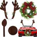 Yunlly 13 Inch Christmas Car Wreath Reindeer Antlers Kit with LED Lights, Glowing LED Car Reindeer Antlers with Bells and Nose Xmas Wreath Bow Decor(Pine and Cypress)