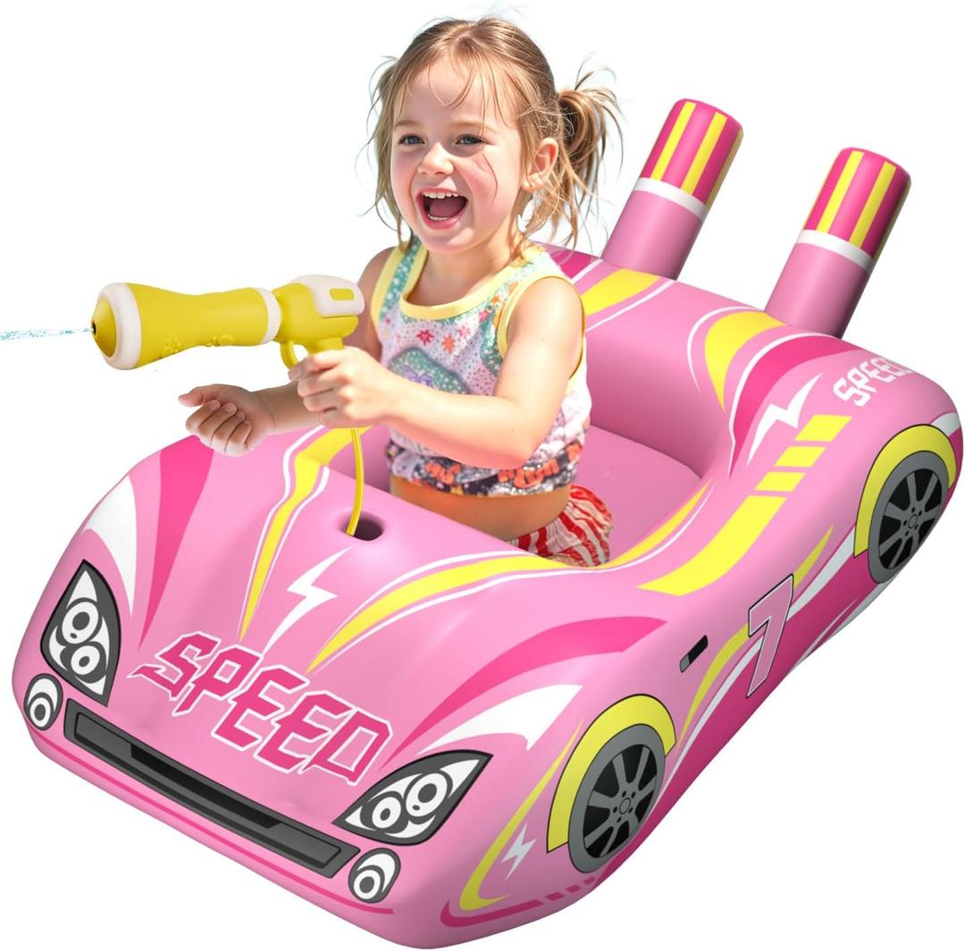 JOSEN Pool Floats Kids with Water Gun, Inflatable Ride-on Car Funny Pool Floats for Kids Ages 3-8, Toddler Pool Float, Summer Outdoor Lake Beach Party Pool Toys for Boys Girls (Pink)