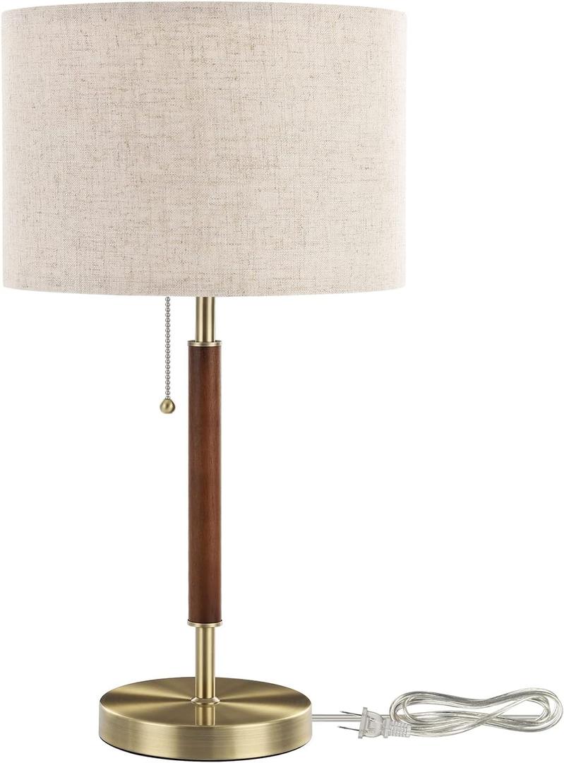 EDISHINE Mid Century Table Lamp, Bedside Lamp with Pull Chain Switch, Solid Wood & Metal Pole, Modern Nightstand Table Lamp for Living Room, Bedroom, Office, Frosted Bronze & Wood Finish (Gold)