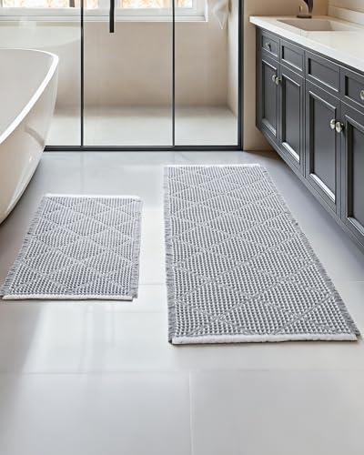 Furicher Waffle Bath Mat Set, Non Slip Bathroom Rugs Sets 2 Piece, Ultra Absorbent Long Bath Rug Runner for Bathroom Decor, Machine Washable Boho Mats, Grey & White, 20"×47" Plus 18"×30"