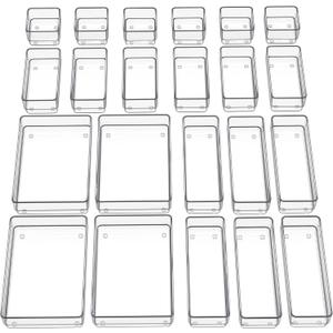 SMARTAKE 22-Piece Drawer Organizer with Non-Slip Silicone Pads, 4-Size Clear Desk Drawer Organizer Trays Storage Tray for Makeup, Jewelries, Utensils in Bedroom Dresser, Office and Kitchen, Clear (Large)