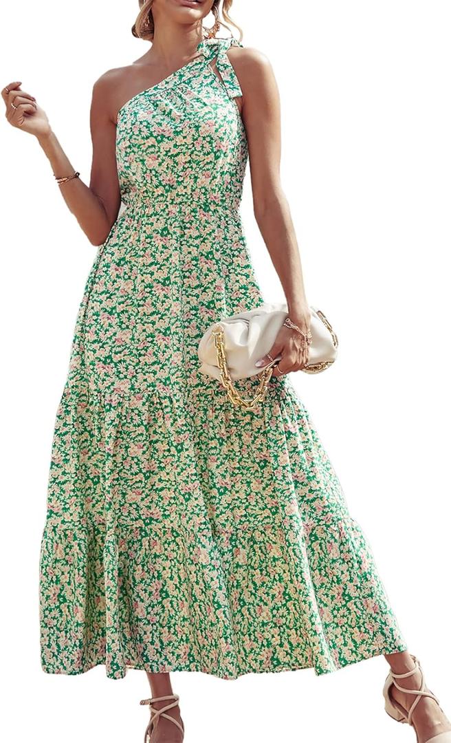 PRETTYGARDEN Women's Summer Floral One Shoulder Maxi Dress Knot Ruffle Boho Beach Vacation Wedding Guest Long Sun Dresses (Medium, Green White)