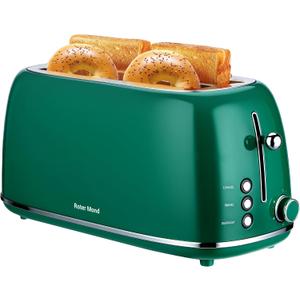 Roter Mond 4 Slice Toaster Retro Stainless Steel Toaster with Bagel, Cancel, Defrost Function and 6 Bread Shade Settings Bread Machine, Long Extra Wide Slots and Removable Crumb Tray, Green