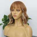 Short Wavy Curly Bob Wig with Bangs Ginger Brown Mixed 613 Blonde Highlights Color Glueless Heat Resistant Synthetic Wig Full Wig For Women Girls Fashion 14 Inch