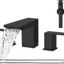 BESy Matte Black Bathroom Faucet 3 Holes Two Handles Vanity Widespread 8 Inch Bathroom Sink Faucet, Waterfall Bathroom Sink Faucet with cUPC Supply Hoses, Pop Up Drain, Stainless Steel (8 Inch Widespread with Drain)